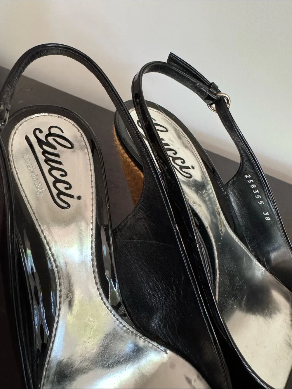 Gucci Black Patent Open Toe Wedges